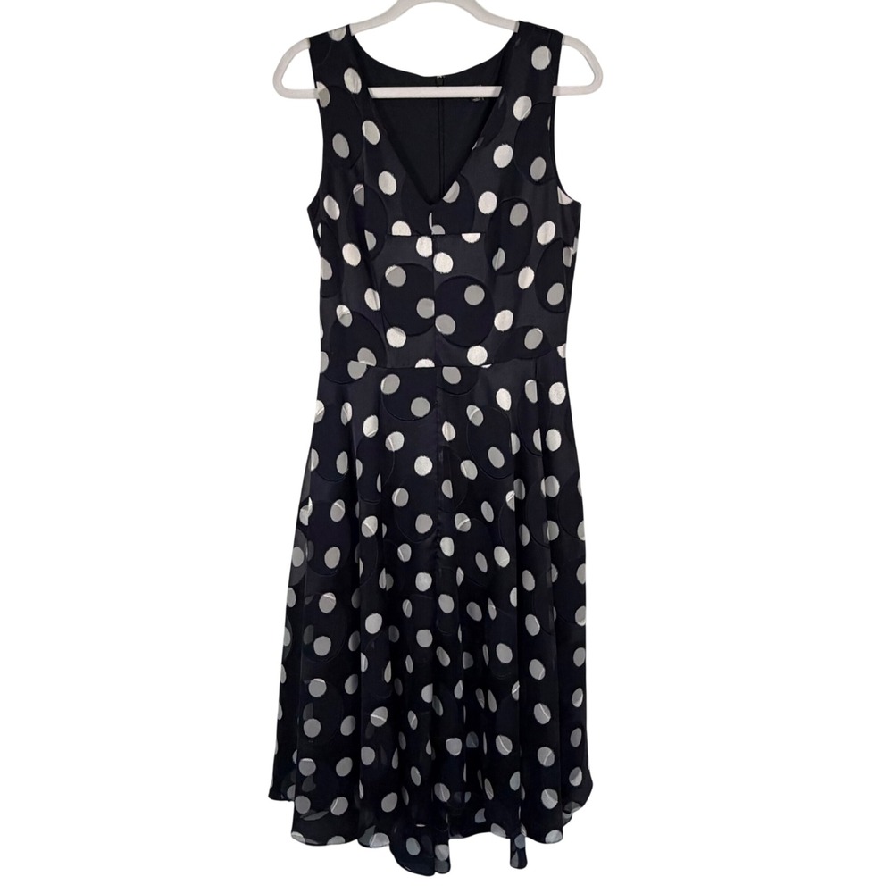 Ann Taylor Navy‎ Blue Midi Dress V-Neck White Polkadot Asymmetrical Flowy 6 Tall